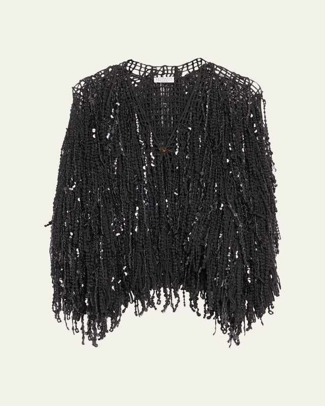 Paillette Fringe Embroidered Single-Button Cardigan